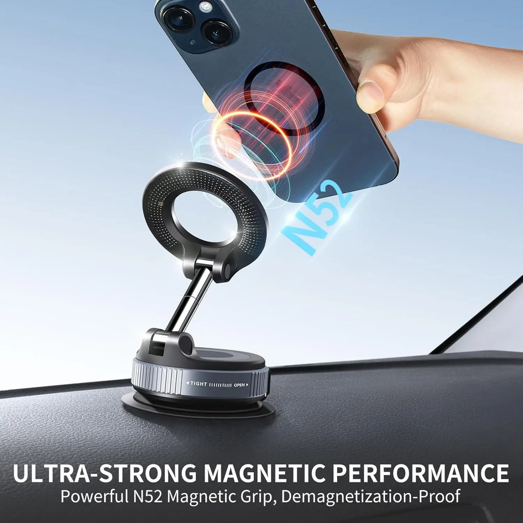 Vacuum Suction Magnetic Phone Holder, Foldable Retractable Suction Cup Car Phone Mount for Magsafe, 360° Adjustable Phone Stand
