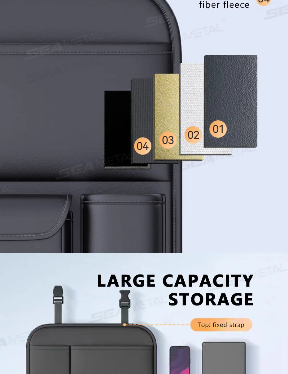 SEAMETAL 6-Pocket Car Seat Back Storage Bag Wear-Resistant Car Backseat Organizer Tissue/Cup Holder Waterproof Anti-Kick Pad