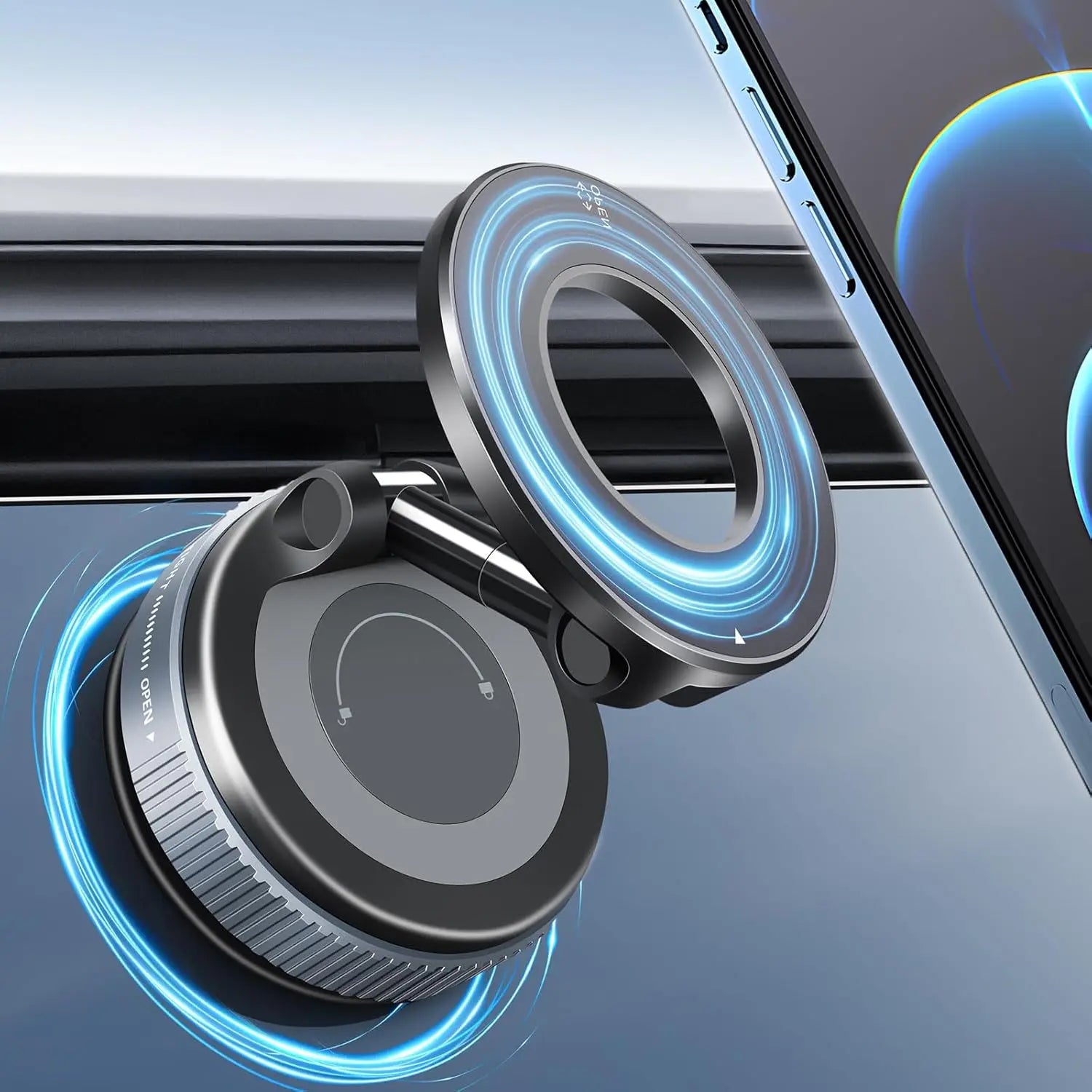 Vacuum Suction Magnetic Phone Holder, Foldable Retractable Suction Cup Car Phone Mount for Magsafe, 360° Adjustable Phone Stand