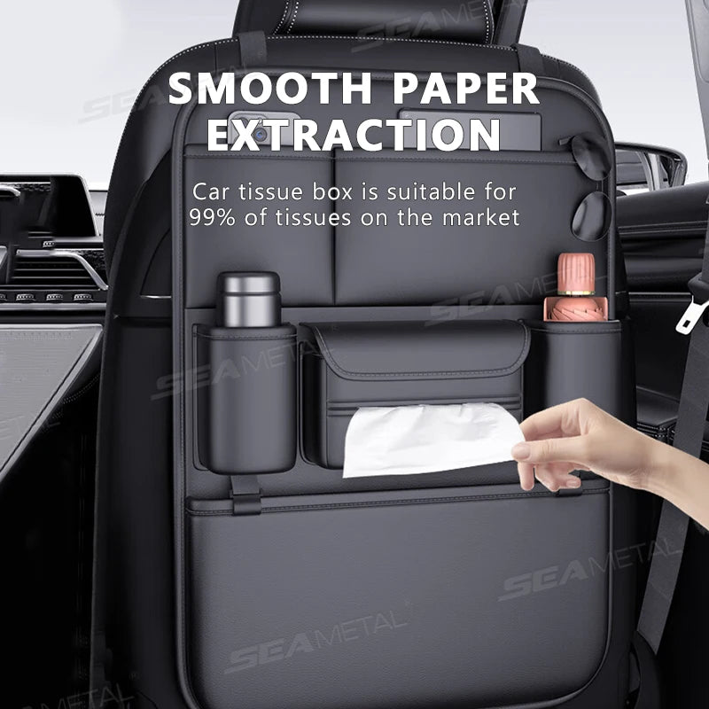 SEAMETAL 6-Pocket Car Seat Back Storage Bag Wear-Resistant Car Backseat Organizer Tissue/Cup Holder Waterproof Anti-Kick Pad