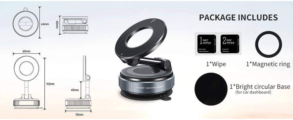 Vacuum Suction Magnetic Phone Holder, Foldable Retractable Suction Cup Car Phone Mount for Magsafe, 360° Adjustable Phone Stand