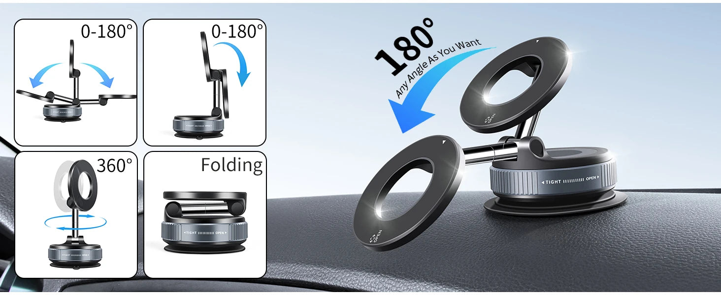 Vacuum Suction Magnetic Phone Holder, Foldable Retractable Suction Cup Car Phone Mount for Magsafe, 360° Adjustable Phone Stand