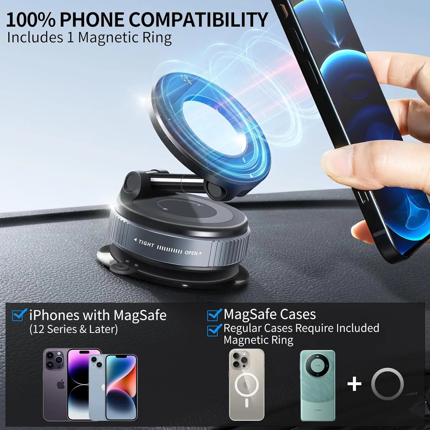 Vacuum Suction Magnetic Phone Holder, Foldable Retractable Suction Cup Car Phone Mount for Magsafe, 360° Adjustable Phone Stand
