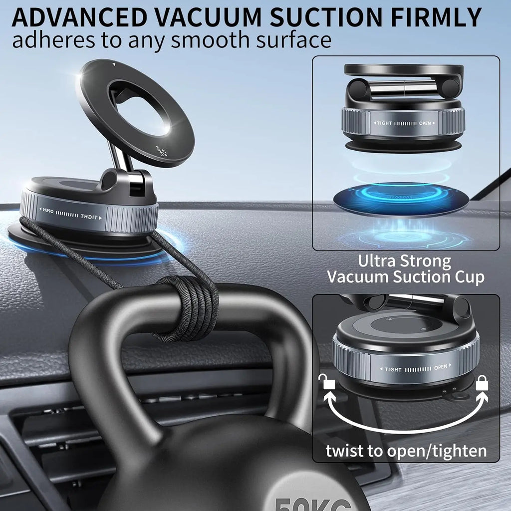 Vacuum Suction Magnetic Phone Holder, Foldable Retractable Suction Cup Car Phone Mount for Magsafe, 360° Adjustable Phone Stand