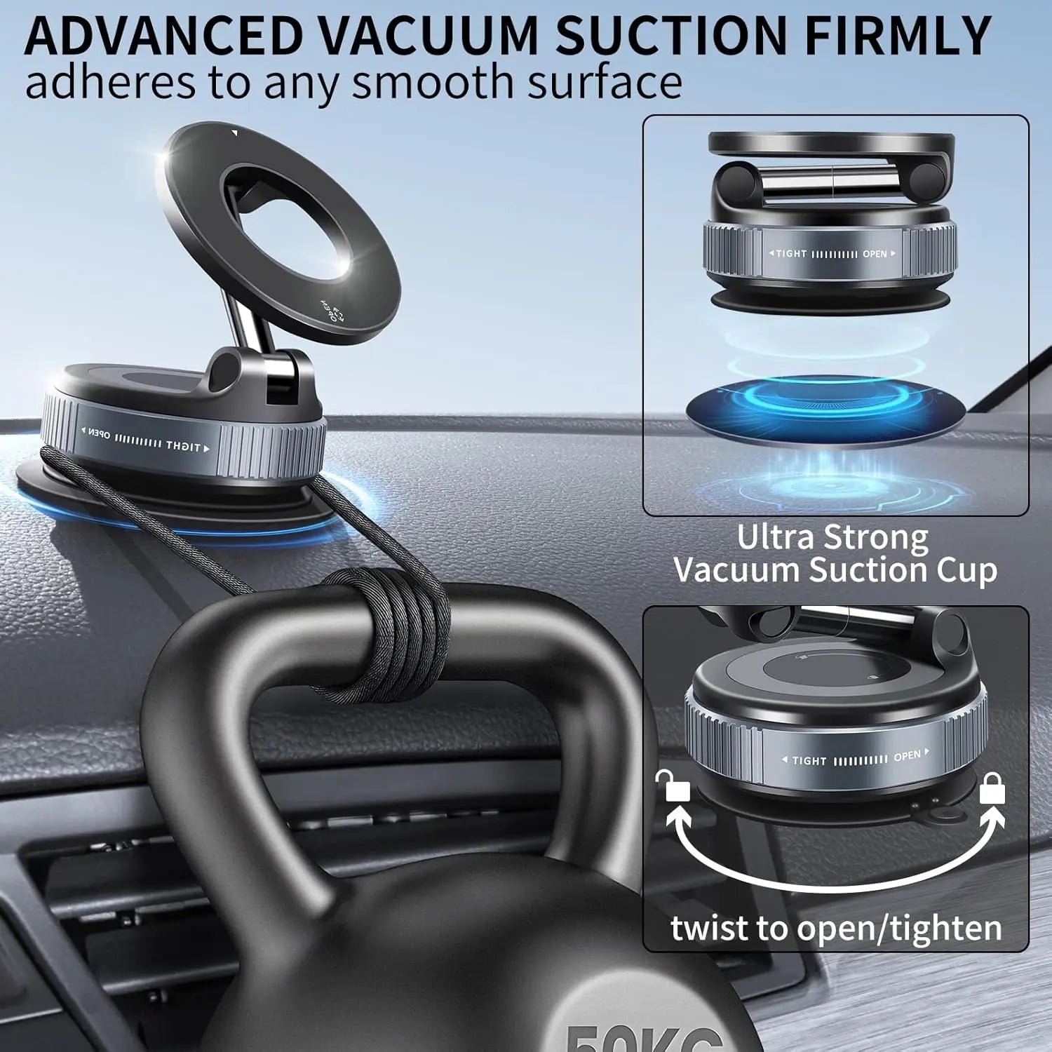 Vacuum Suction Magnetic Phone Holder, Foldable Retractable Suction Cup Car Phone Mount for Magsafe, 360° Adjustable Phone Stand