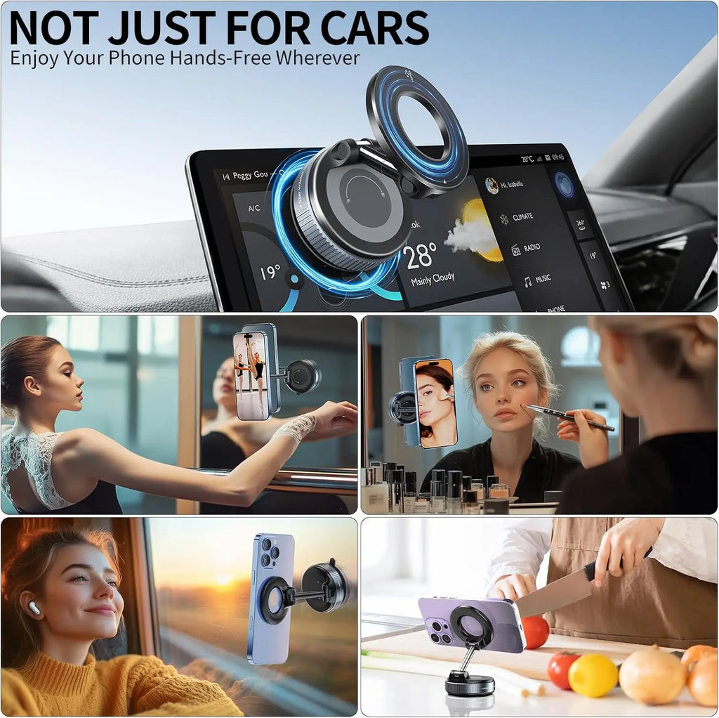 Vacuum Suction Magnetic Phone Holder, Foldable Retractable Suction Cup Car Phone Mount for Magsafe, 360° Adjustable Phone Stand