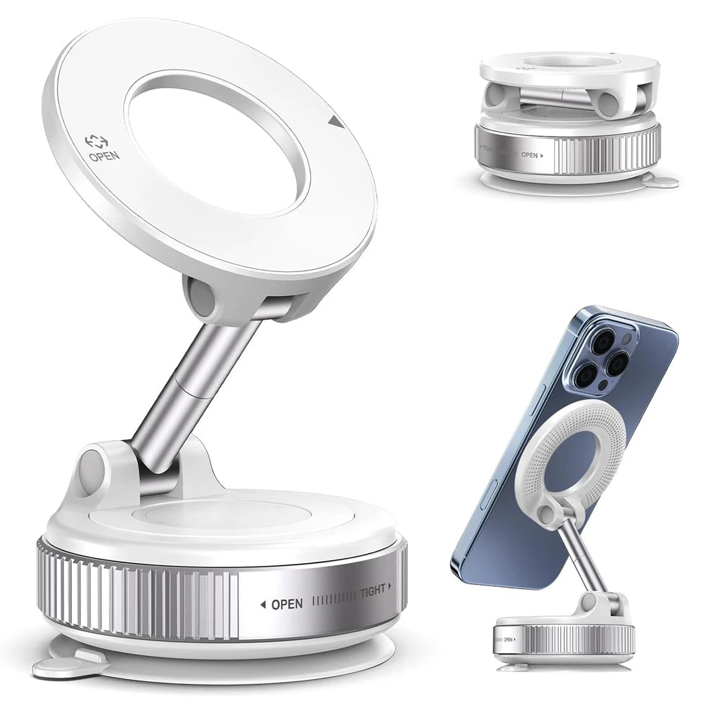 Vacuum Suction Magnetic Phone Holder, Foldable Retractable Suction Cup Car Phone Mount for Magsafe, 360° Adjustable Phone Stand