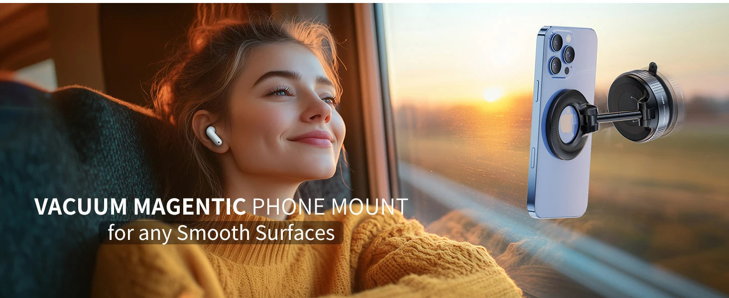 Vacuum Suction Magnetic Phone Holder, Foldable Retractable Suction Cup Car Phone Mount for Magsafe, 360° Adjustable Phone Stand