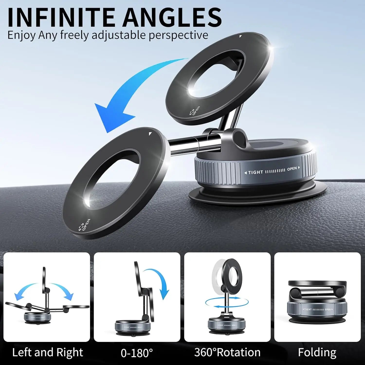 Vacuum Suction Magnetic Phone Holder, Foldable Retractable Suction Cup Car Phone Mount for Magsafe, 360° Adjustable Phone Stand