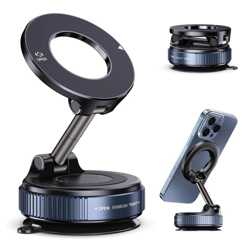 Vacuum Suction Magnetic Phone Holder, Foldable Retractable Suction Cup Car Phone Mount for Magsafe, 360° Adjustable Phone Stand